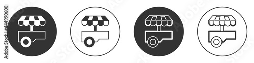 Black Fast street food cart with awning icon isolated on white background. Urban kiosk. Circle button. Vector