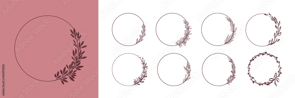 Obraz premium Collection of elegant floral wreaths. Floral round frames from flowers, branches and leaves, laurel. Decorative elements for design. Vector illustration isolated on white background