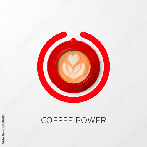Coffee Power Concept. Vector 3d Realistic Red Mug with Foam Milk Coffee, Capuccino, Latte, Saucer. Banner with Coffee Cup and Phrase about Coffee. Design Template. Top View