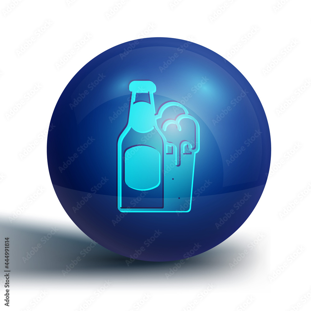 Blue Beer bottle and glass icon isolated on white background. Alcohol Drink symbol. Blue circle button. Vector Blue Beer bottle and glass icon isolated on white background. Alcohol Drink symbol. Blue circle button. Vector