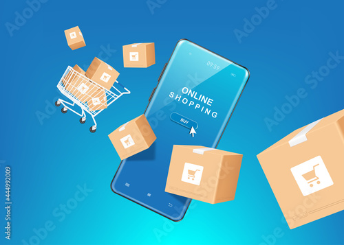 smartphone,shopping cart and parcel box floating in the air and all object on blue background for delivery and shopping online concept design,vector 3d for shopping on application smartphone