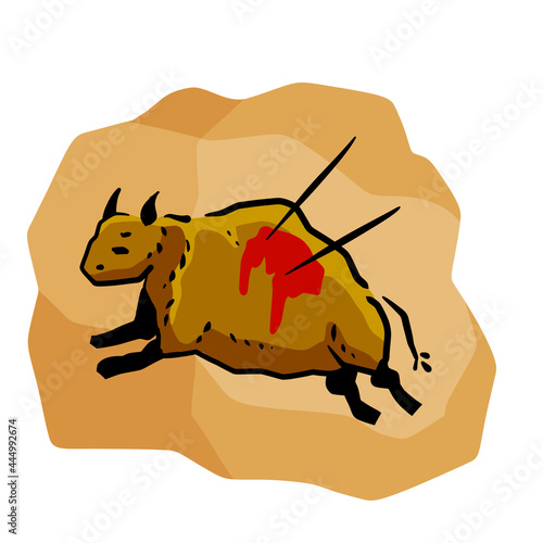 Rock art. Scene of bull hunt. Primitive life. Drawing in a cave. Animal wounded by spear or arrow. Sketch cartoon illustration
