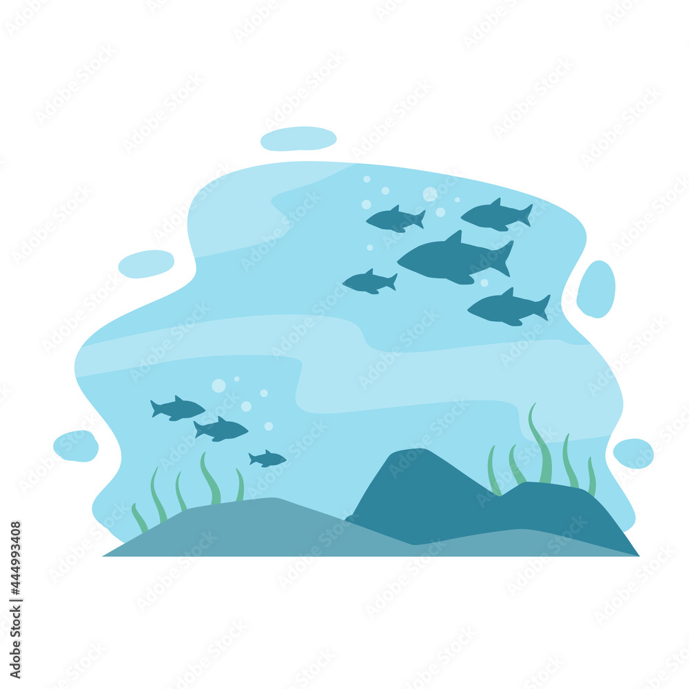 Underwater world. Blue water and bottom with sea animals. Fish and jellyfish. Ocean landscape and background. Flat illustration