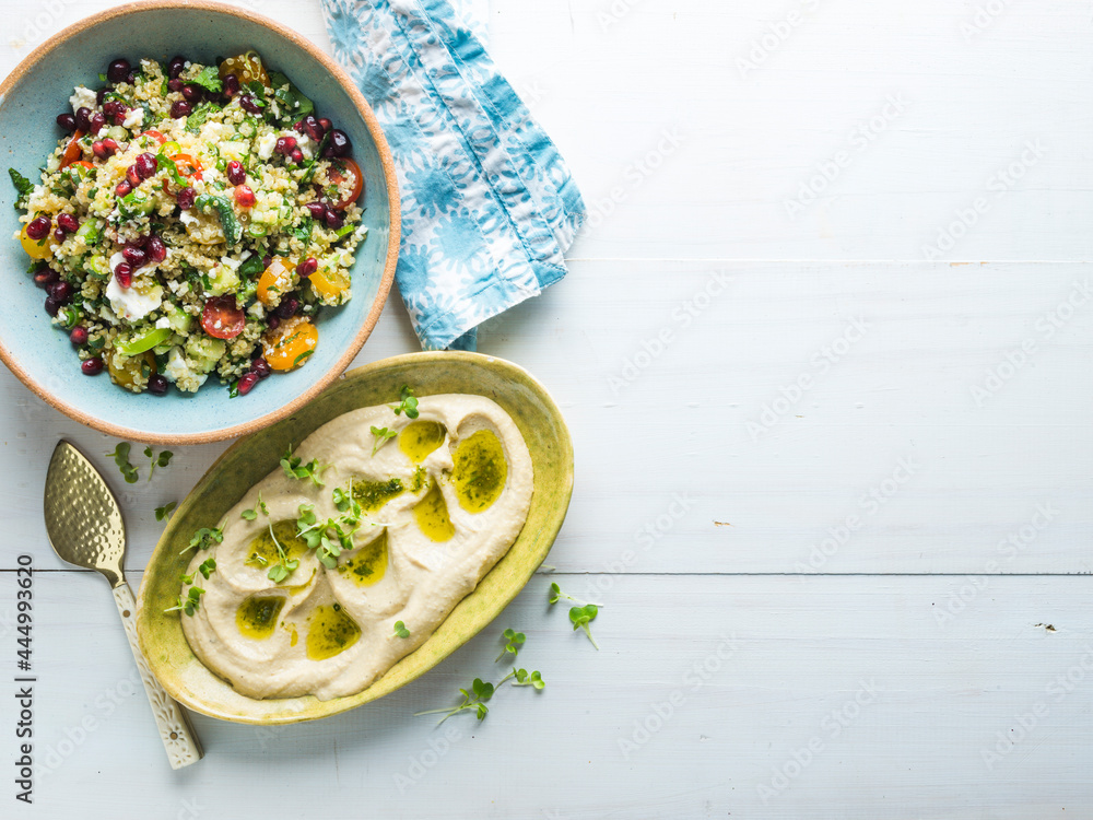 Hummus, and Quinoa Tabbouleh with copy space