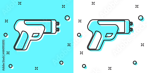 Black line Police electric shocker icon isolated on green and white background. Shocker for protection. Taser is an electric weapon. Random dynamic shapes. Vector