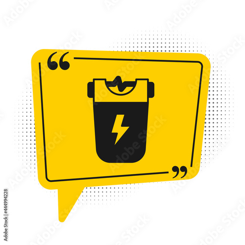 Black Police electric shocker icon isolated on white background. Shocker for protection. Taser is an electric weapon. Yellow speech bubble symbol. Vector