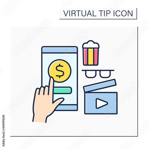 Cinema color icon. Online tips for cinema services. Popcorn and film watching. Positive review. Entertainment place. Virtual tips concept. Isolated vector illustration