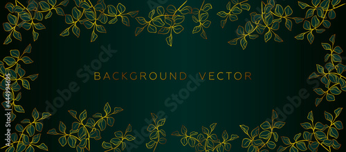 Golden frame template from realistic branches with leaves. Botanical illustration of nature in a frame. Silhouette, contour, minimalism, gold embossing. Design for prints, banner, wall