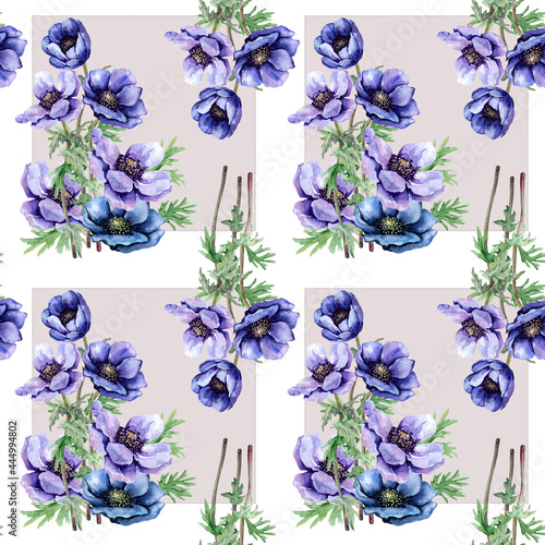 Seamless pattern with bouquets of purple anemone flowers, poppies on a stem with green leaves. Hand-drawn watercolor on a white background with squares for textiles, fabric, scrapbooking, packaging.