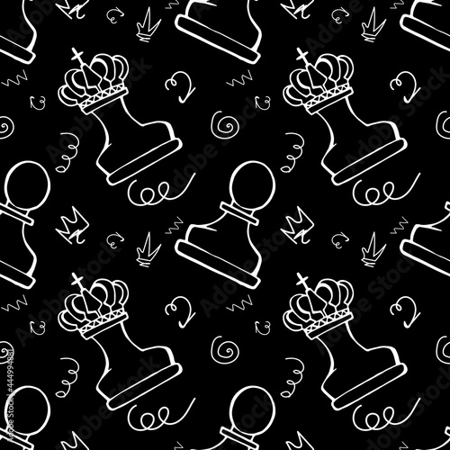 chess pieces on black background. seamless pattern. for printing on fabrics, packaging, stationery, wallpaper, children's things. doodle illustration chess. international chess day
