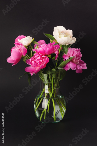 Wallpaper Mural Bouquet of pink and white peonies in a glass vase on a black background. Floral card design Torontodigital.ca