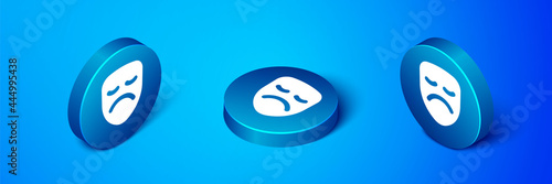 Isometric Drama theatrical mask icon isolated on blue background. Blue circle button. Vector