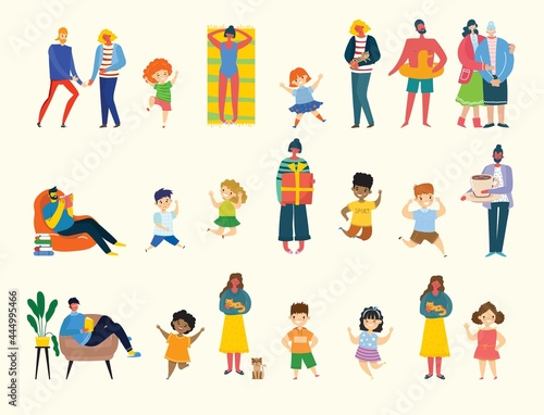 Set of people, men, children, and women with different signs. Vector graphic objects for collages and illustrations.