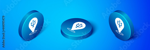 Isometric Psychology icon isolated on blue background. Psi symbol. Mental health concept, psychoanalysis analysis and psychotherapy. Blue circle button. Vector