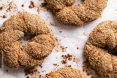 Simit Bread covered with sesame seeds on greaseproof paper photo