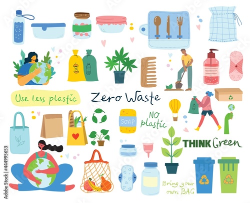 Hand drawn elements of zero waste life in vector. Eco style. No plastic. Go green