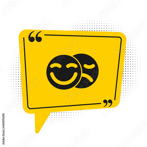 Black Comedy and tragedy theatrical masks icon isolated on white background. Yellow speech bubble symbol. Vector
