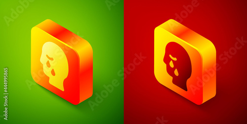 Isometric Man graves funeral sorrow icon isolated on green and red background. The emotion of grief, sadness, sorrow, death. Square button. Vector
