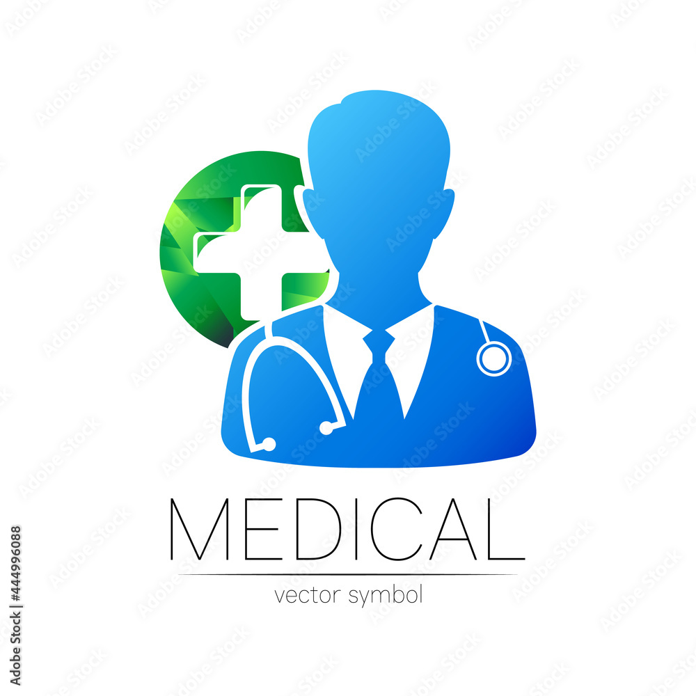 Doctor with big green cross in round vector logotype in blue color. Silhouette medical man with cross. Logo for clinic, hospital, health, medicine and business. Template for web, identity modern style Doctor with big green cross in round vector logotype in blue color. Silhouette medical man with cross. Logo for clinic, hospital, health, medicine and business. Template for web, identity modern style