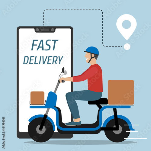Delivery service. Man riding electric bike scooter with boxes. Fast delivery. E-commerce concept.  © Yaryna