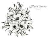 Hand drawn floral bouquet with various big and small flowers and leaves isolated on white background, ink drawing monochrome elegant flower composition in vintage style