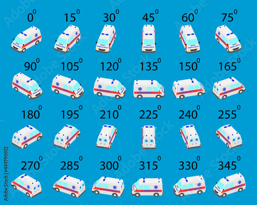 A set of 24 ambulance from different angles. Animation of the rotation of ambulance by 15 degrees. 