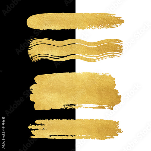 Golden foil vector rough, artistic brush strokes, smears, brushstroke shape banners set. Hand drawn creative textured text background, gold painted graphic design elements. Border, frame templates. 