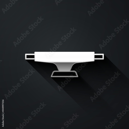 Silver Skateboard wheel icon isolated on black background. Skateboard suspension. Skate wheel. Long shadow style. Vector