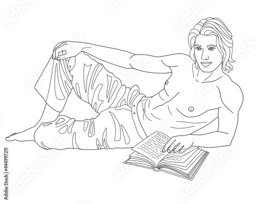 Young sexy man with a book - romantic antistress coloring book. Handsome guy reading a book while lying on the carpet - vector linear coloring antistress. Handsome man