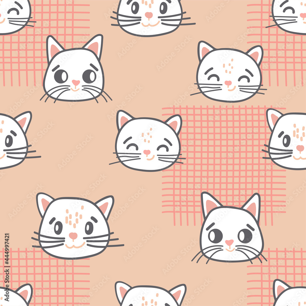 Cat seamless pattern. Cute kittens on a pink background with a cage. Childrens characters in Scandinavian hand-drawn cartoon style. For children's fabrics, textiles, stationery. Cat seamless pattern. Cute kittens on a pink background with a cage. Childrens characters in Scandinavian hand-drawn cartoon style. For children's fabrics, textiles, stationery.