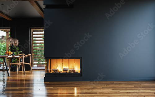 Modern dark home interior background, wall mock up, 3d render photo