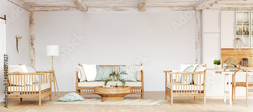 Living room interior with sofa and flower on table, blank wall mock up background, 3D render