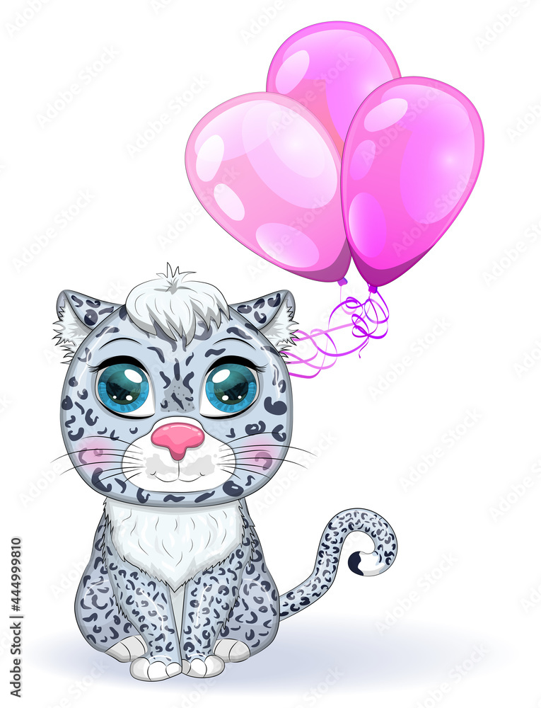 Fototapeta premium Cartoon snow leopard with expressive eyes. Wild animals, character, childish cute style.