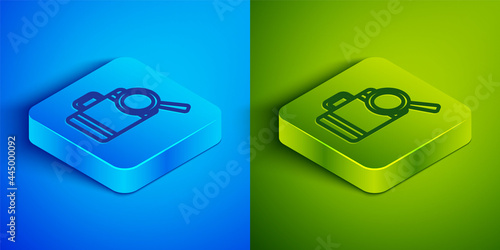 Isometric line Airline service of finding lost baggage icon isolated on blue and green background. Search luggage. Square button. Vector