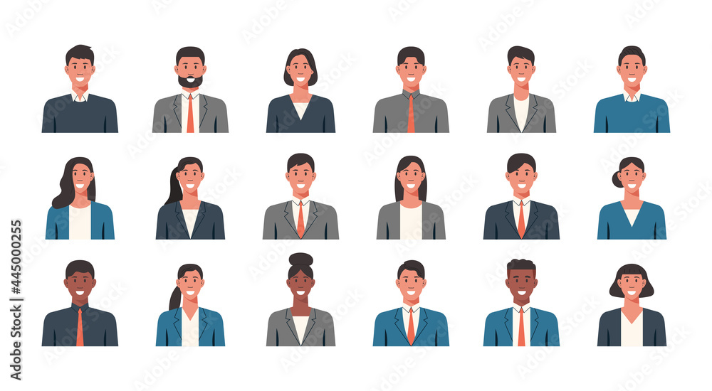 People portraits of businessmen and businesswomen, male and female face avatars isolated icons set, vector flat illustration