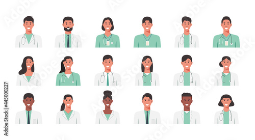 People portraits of males females doctors and nurses, men and women face avatars isolated icons set, vector flat illustration	
