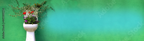 Wallpaper Mural Horizontal green banner with flowers. Flowers grow from a white toilet bowl Torontodigital.ca