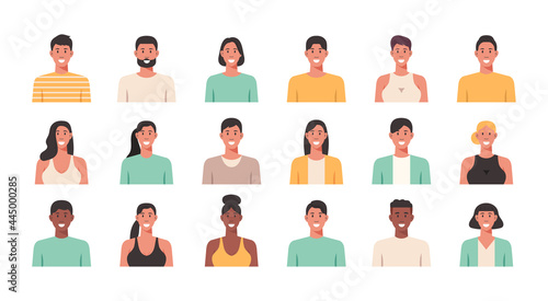 People portraits of young men and women, male and female face avatars isolated icons set, vector flat illustration