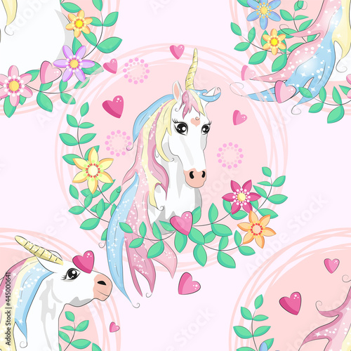 Doodle unicorn pattern for textile design. Animal cartoon. Ditsy print. Trendy seamless pattern. Fabric pattern.