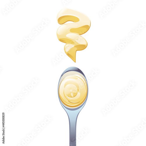 Mayonnaise in metal spoon in catroon flat style. Portion of sauce. Vector design for advertising cheese, dairy products, healthy food.