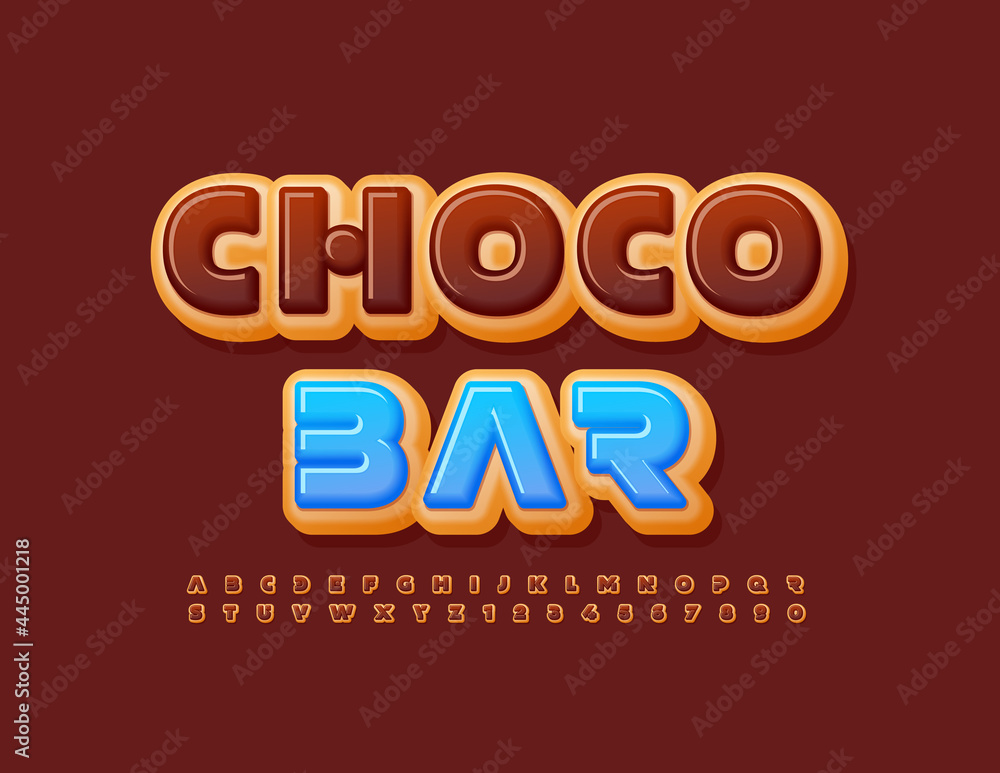 Vector delicious sign Choco Bar. Set of Donut Alphabet Letters and Numbers set. Brown tasty Font