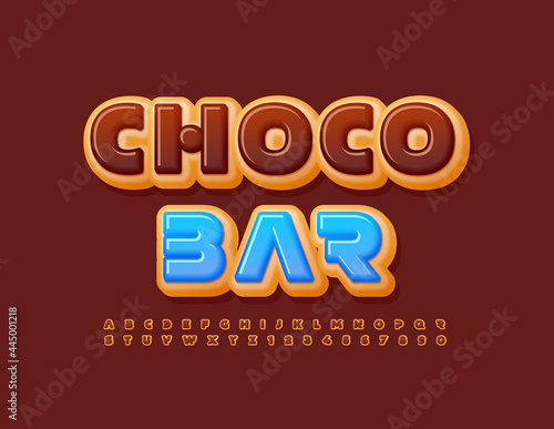 Vector delicious sign Choco Bar. Set of Donut Alphabet Letters and Numbers set. Brown tasty Font