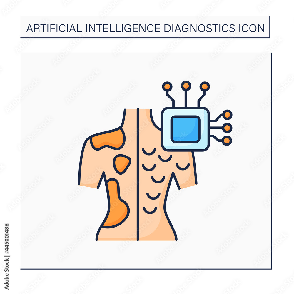 AI in medicine color icon. Microchip in human body.Digital technologies. Skin cancer diagnosis.AI diagnostic concept. Isolated vector illustration