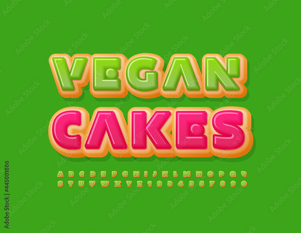 Vector Colorful Logo Vegan Cakes. Original Font. Artistic Alphabet Letters and Numbers set