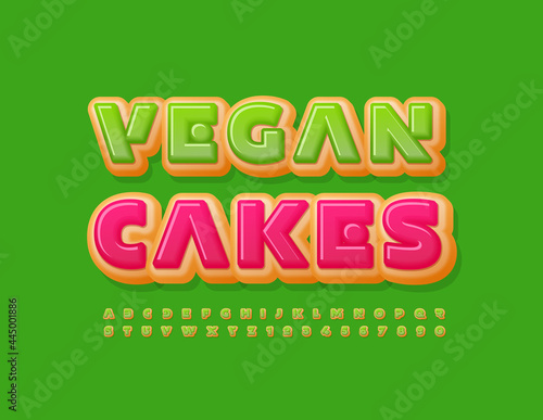 Vector Colorful Logo Vegan Cakes. Original Font. Artistic Alphabet Letters and Numbers set