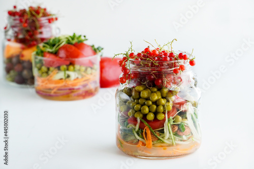 A snack of raw vegetables in a glass. Vegetarian snack options on the go