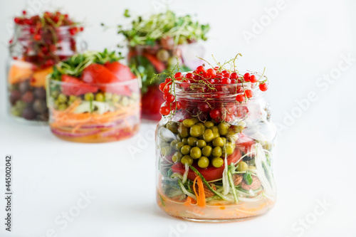 A snack of raw vegetables in a glass. Vegetarian snack options on the go