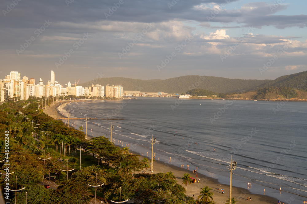 Santos beach panoramic view from above. With sunset in the background