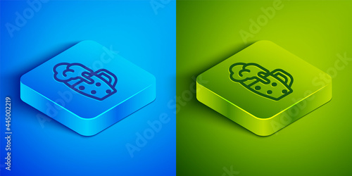 Isometric line Glass of beer icon isolated on blue and green background. Square button. Vector