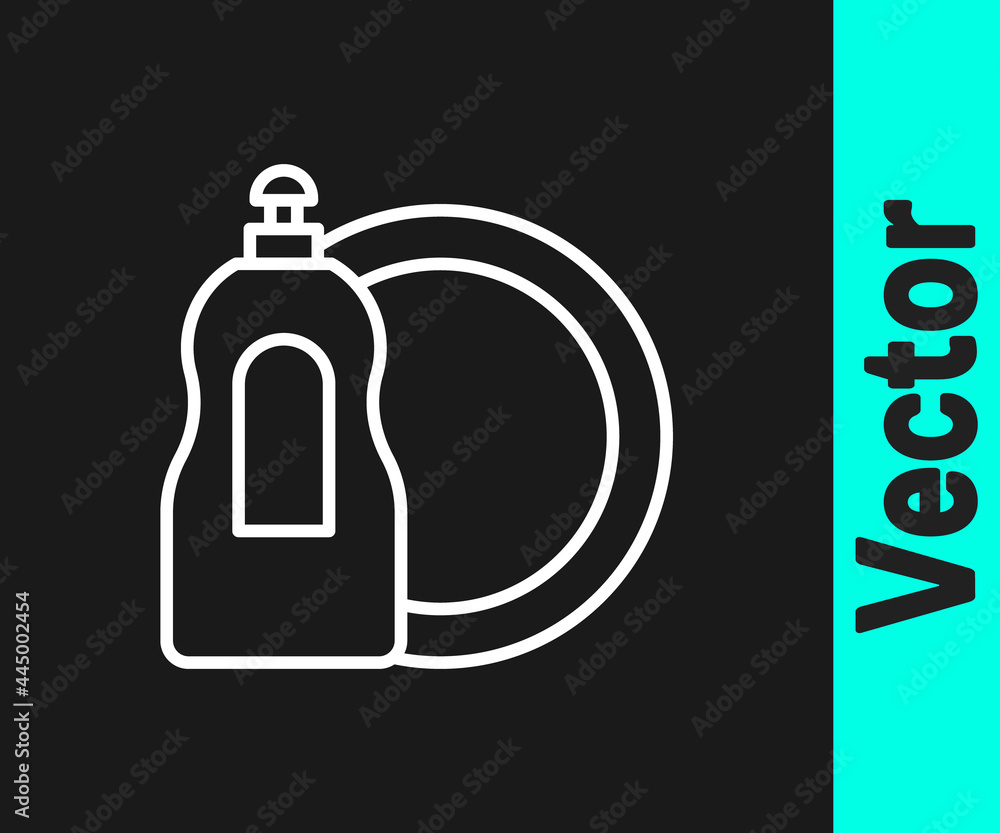 White line Dishwashing liquid bottle and plate icon isolated on black background. Liquid detergent for washing dishes. Vector White line Dishwashing liquid bottle and plate icon isolated on black background. Liquid detergent for washing dishes. Vector